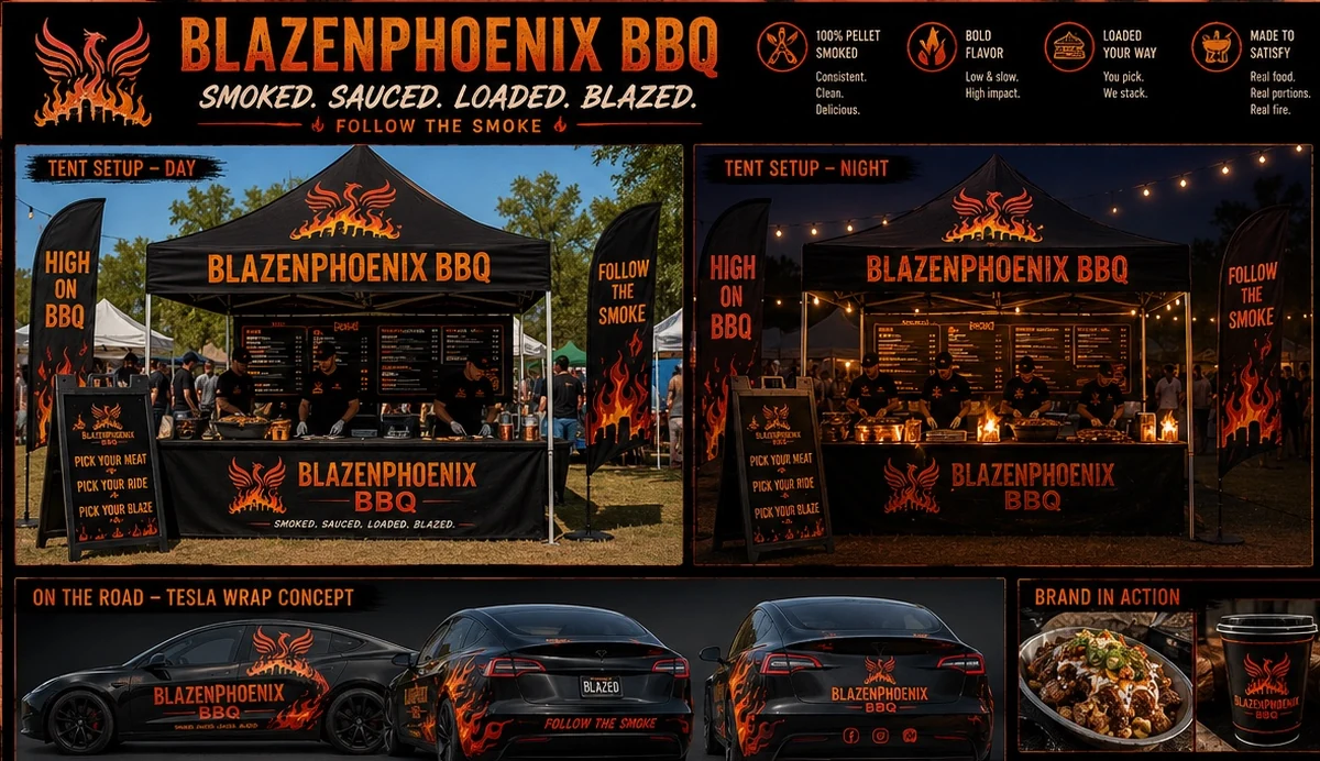 BlazenPhoenix BBQ tent setup day and night concept