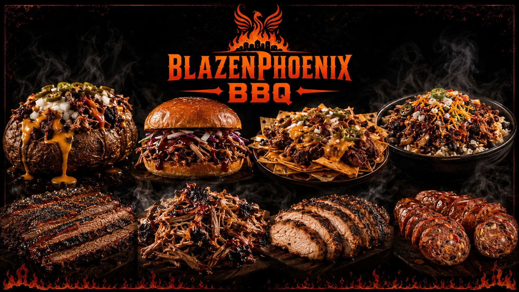 BlazenPhoenix BBQ food preview with loaded potato, sandwich, nachos, rice bowl, brisket, pulled pork, chicken, and sausage
